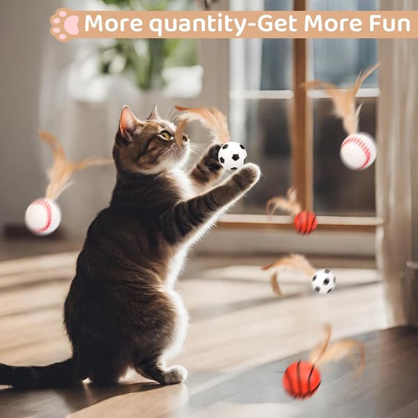 6 Pieces Interactive Feather Balls for Cats, New Cat Bouncing Ball with Feather Tails, Elastic Cat Toy Balls for Indoor Use 6pcs 6pcs