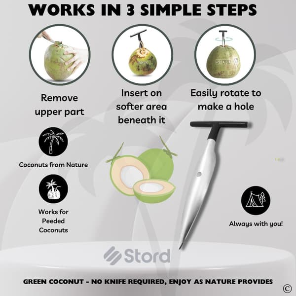 Fresh Green Coconut Opener - Ideal for Peeling Young Thai White Coconuts - Opens in Seconds: Super Safe, Easy and Fast