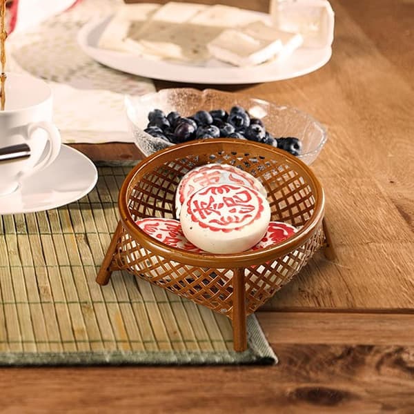 Handwoven Bamboo Fruit Basket, 14cm Round Multifunctional Breakfast and Storage Tray for Kitchen, Cafe, Restaurant Decor [Ho]