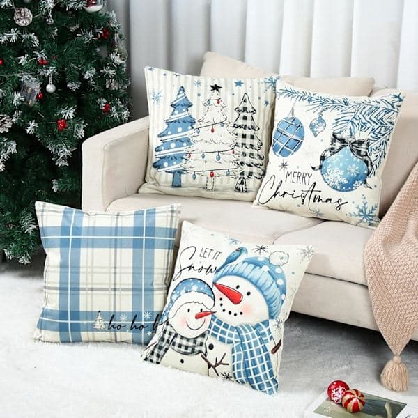 Julkuddfodral 45x45 cm Set med 4, God Jul Vinter Snögubbe Kuddfodral Julgran Buffelpläd Kuddfodral