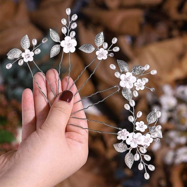 (5-pakning) Bryllupsblomst Hårnåler Perle Brudehår