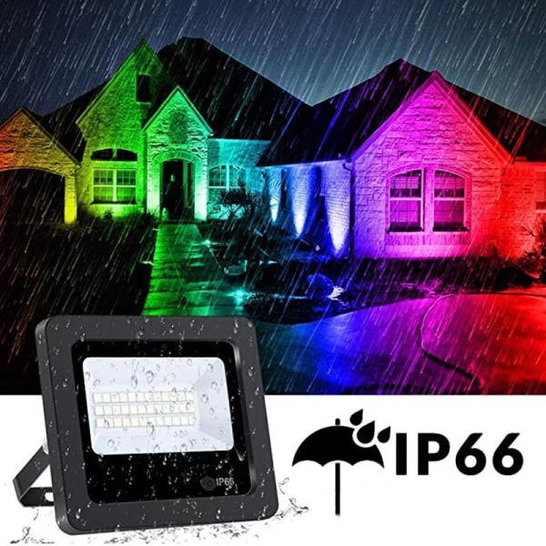 RGB-fargeskiftende LED-flomlys, smart utendørsbelysning RGBW 2700K varmhvit og 16 millioner farger 20 moduser, gruppering, IP66 vanntett (2 pakker)