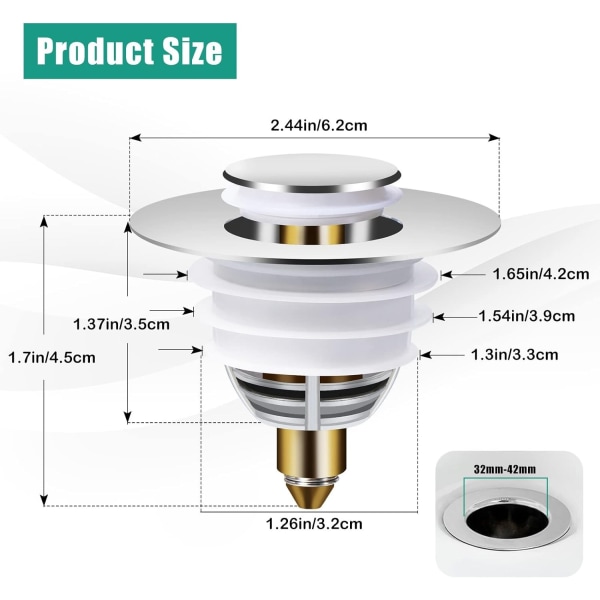 Universal Avloppsrör, Pop-Up Sänkkork med 2 Tätningar för Badkar, Kök, Sänka (Avloppshål 32-42mm)