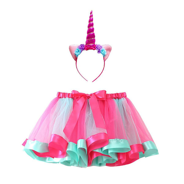 Pigeskørte Regnbue Lagdelt Tulle Tutu Skørt Med Enhjørning Hårbånd Fest Tilbehør Sæt Lpink pink L
