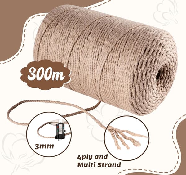 3 mm, 200 m, Natural Cotton Yarn, Macrame for DIY Crafts, Macrame Yarn, Light Brown