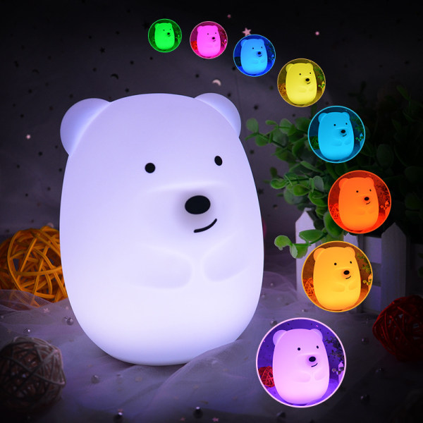 Bear Night Light til børn og babyer med fjernbetjening, LED-lys, 9 lysfarver, lavet af silikone, vaskbart, USB-genopladeligt batteri, Auto