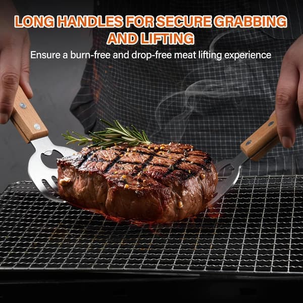Stainless Steel Meat Grinder with Long Wooden Handle - Grill Tool for Pulling Pork, Chicken, Turkey, Serving and Shredding (Ho)