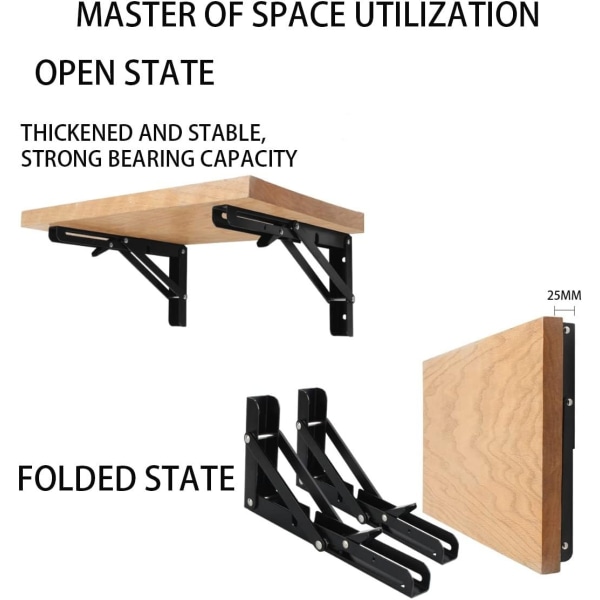 Mustat taittuvat hyllytelineet, Max. Kuorma 220 lb, Raskaankalustoiset DIY-seinäkiinnitteinen hyllyteline, Tilaa säästävä pöydän, työpenkin jne. (8 TUUMAA - 2 KPL)
