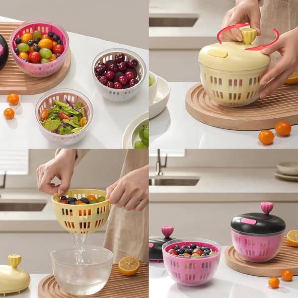 Black & Pink Fruit Washing Container with Lid & 360° Rotating Handle - Berry Strainer, Colander & Refrigerator Storage Bowl for Kitchen