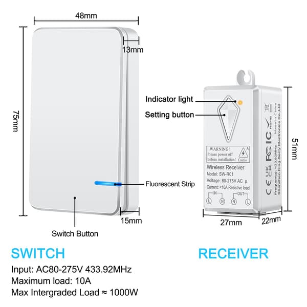 220V Wireless Two-Way Switch, No Wiring, IP66 Waterproof, 100m Range, ON/OFF (2 Switches, 1 Receiver)