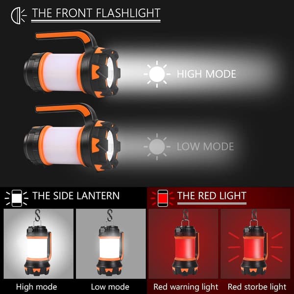 LED-campinglampe, 1000 lumen oppladbar lampe 6 lysmoduser