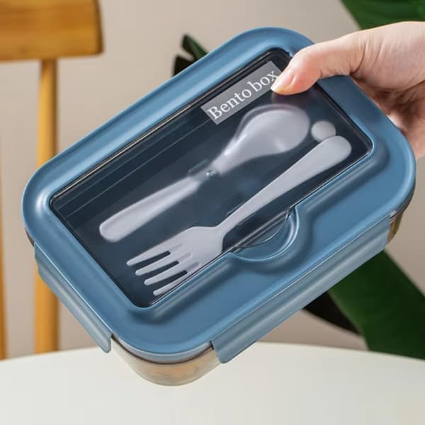 Bento Lunch Box and Cutlery Set for Office Workers Square Compartment Microwave Waterproof and Leak-Proof Food Container (Three Compartments Blue)