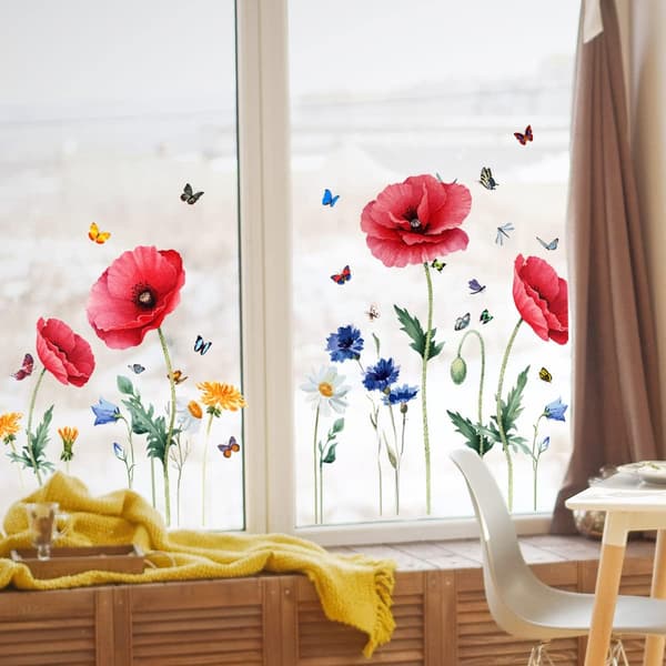 Window Decals, Floral Anti-Collision Window Stickers Home Decor Decals Double-Sided Static Cling Spring Summer Window Decals for Glass