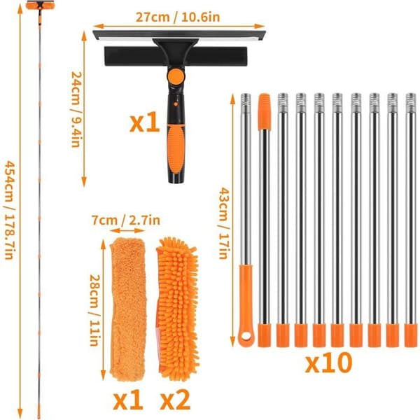 Window Cleaning Kit - 4.5M Telescopic Handle - Silicone and Microfiber - 3-in-1 for High Windows and Cars - Orange