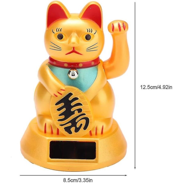 Solar Powered Gold Lucky Cat Welcoming Waving Arm Beckoning Fortune Health