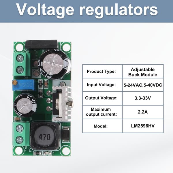 AC/DC-DC Buck Converter Spänningsregulator Justerbar Modul LM2596HV 5-24VAC/5-40VDC till 3.3-33V 2.2A för Strömjustering Transformator artikel_paket_kva item_package_quantity