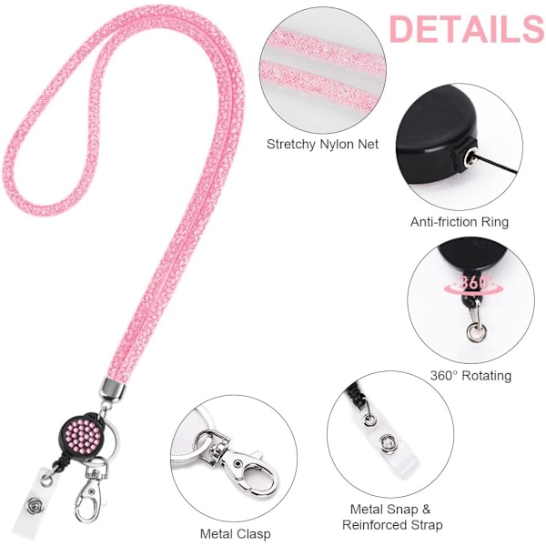 Korthållare med lanyard, kristall-lanyard med transparent ID-korthållare, lanyard och brickhållare set, nyckelringsbrickhållare och halsrem för nycklar Pink