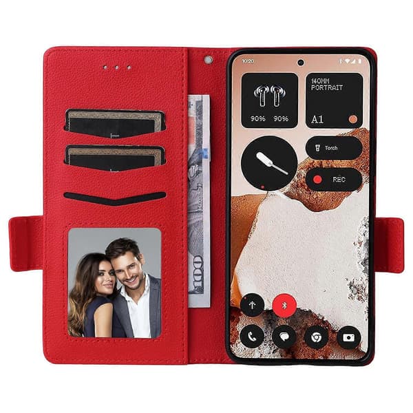 For Nothing CMF Phone 2 Pro Case with Wrist Strap Litchi Texture PU Leather Wallet Case - Red{F2}