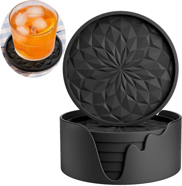 Silikoneunderlag med Holder - Sæt med 6 - Underlag til Glas - Underlag Sæt - Rund Underlag Design - Drikkeunderlag - Glasunderlag til Bordet