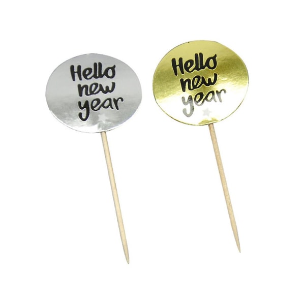 30 stk. Hello New Year Party Dekorerede Frugtindsæt Brev Cupcake Toppers Skinnende Papir Kage Dekoration Toppers Party Favør 8cm 8cm