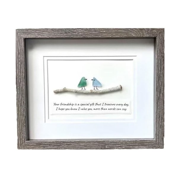 Sea Glass Art, Sea Glass Birds, Handmade Friendship Gift, Sea Glass Rainbow Birds Artwork Framed, Seaglass Birds on Branch Decor