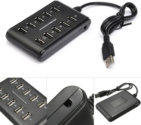 10-ports HUB - Slank højhastigheds USB 2.0 Multi-udvidelse - Plug and Play Kompatibel med PC Windows og Mac-computere - SORT