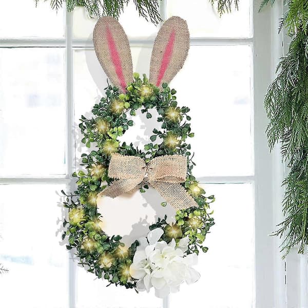 Easter Garland for Front Door Rabbit Shaped with LED Wreath Hydrangea Spring Easter Decoration