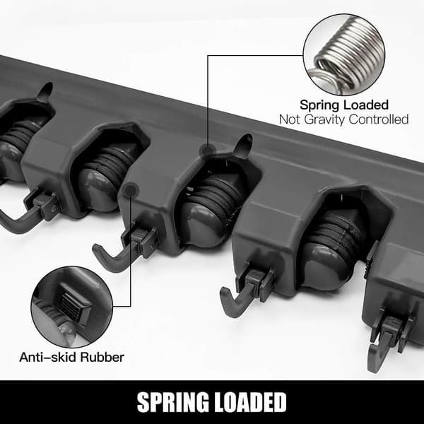 Mop and Broom Holder, Wall Mounted Organizer - Mop and Broom Storage Tool Rack with 5 Ball Slots and 6 Hooks (Black) (One Pack)