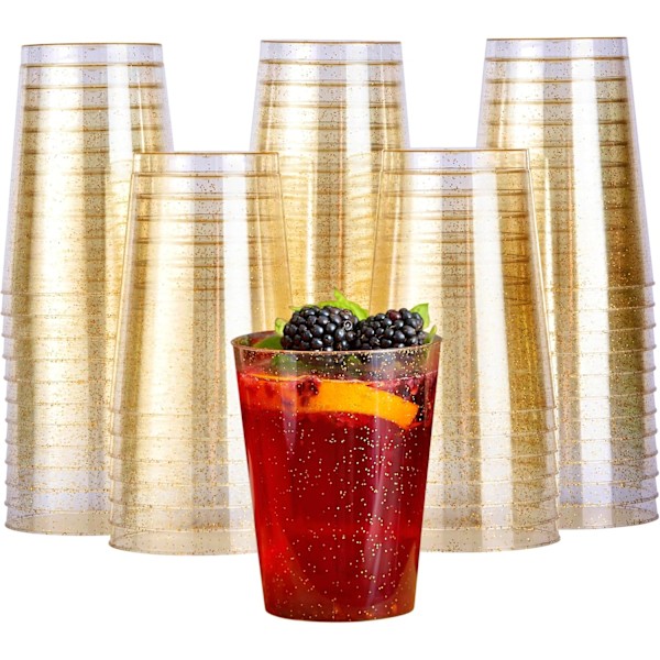 50 Premium Tjocka Plastglas, Plastpartyglas med Guldglitter (285ml / 10oz) - Återanvändbara Plastglas, Tumblers