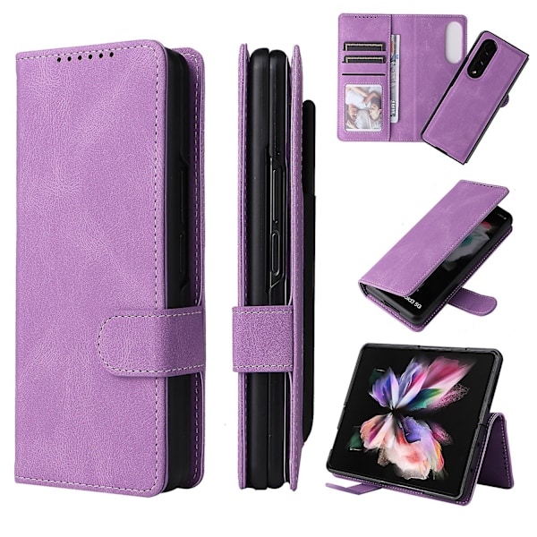 Fullstendig beskyttende magnetisk skinndeksel kompatibelt med Samsung Galaxy Z Fold 3 med kortsporstativ. Blue