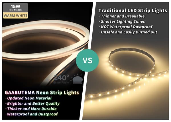 Neon LED-stripe varmhvit, 5m 12V DC, fleksibel neon-taubelysning vanntett IP65, neon LED-lamper