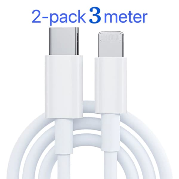 2-pak opladere til iPhone - USB-C - Kabel / Ledning - 20W - 3m - Hurtigoplader Hvid