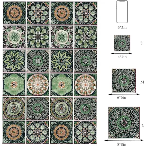 Mandala Tile Stickers 24-pack Self-Adhesive PVC Waterproof Oil-Resistant Wall Decor for Kitchen Bathroom 10x10 Cm