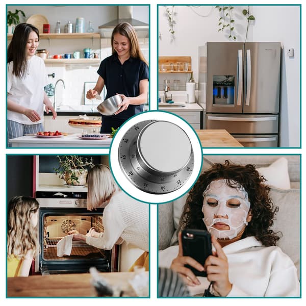 Mechanical Kitchen Timer with Magnetic Base, 60-Minute Countdown Timer, Kitchen Clock with Audible Alarm, Stainless Steel, Attaches to Refrigerator, Si