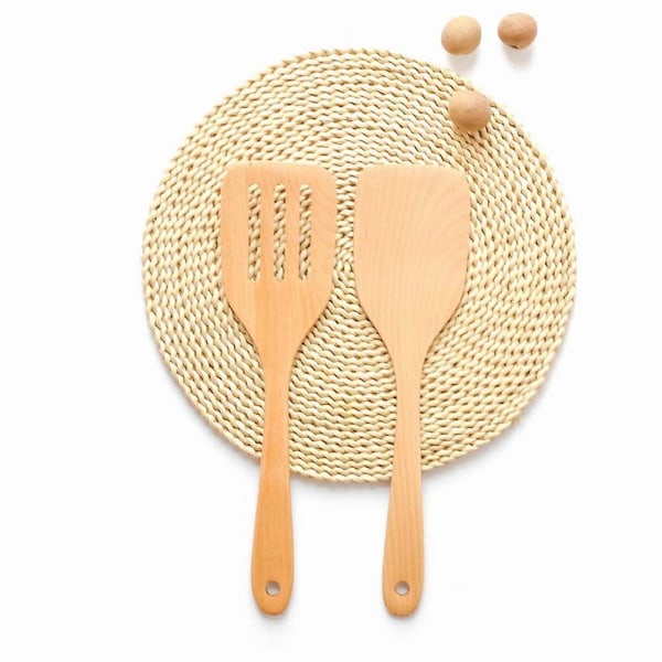 2 stk Kjøkken Tre Spatel Naturlig Non-stick Bøk Turner Praktisk Kjøkken Flat Spade (31x7.5cm)