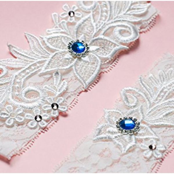 Satinblå Elastisk Bröllops Brudspetsstrumpa Set Blomma Blad Stil Pärlor Spets Bröllopsstrumpa för Brud med Rhinestone Toss