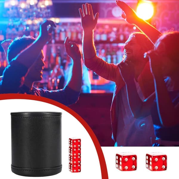 Leather Dice Cup, Soundproof Leather Dice Cup with 5 Red Dice