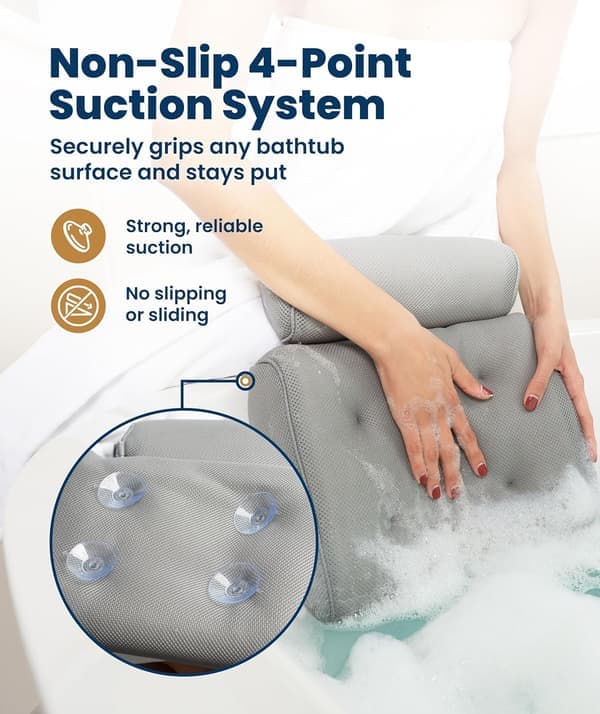 Luxury Bath Pillow with Headrest - Non-Slip Bath Cushion with Suction Cups - Feminine Jacuzzi and Spa Accessories - Grey