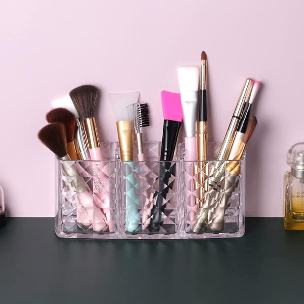 Makeup Brush Holder with 3 Compartments, Acrylic Clear Small Glitter Eyebrow Pencil