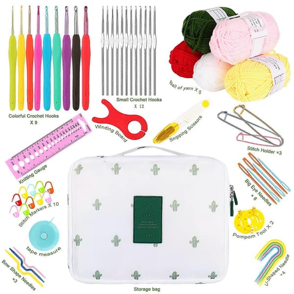 Crochet Starter Kit for Beginners Adults, Includes Metal Crochet Hooks 0.6mm to 6mm, Cactus Case Knitting Set with Wool and Knitting Needles