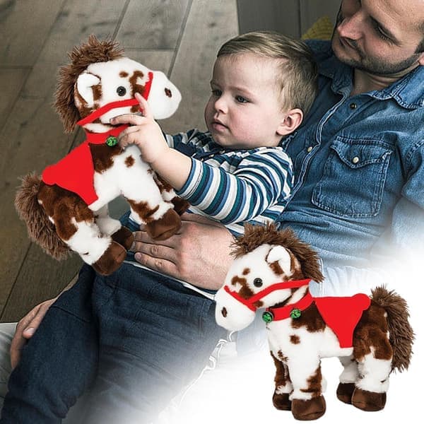 Spotted Animated Christmas Pony Toy - Interactive Plush Horse with Sound, Nodding Head & Tail, Red Saddle Green Bell, Cute Gift [Ho]