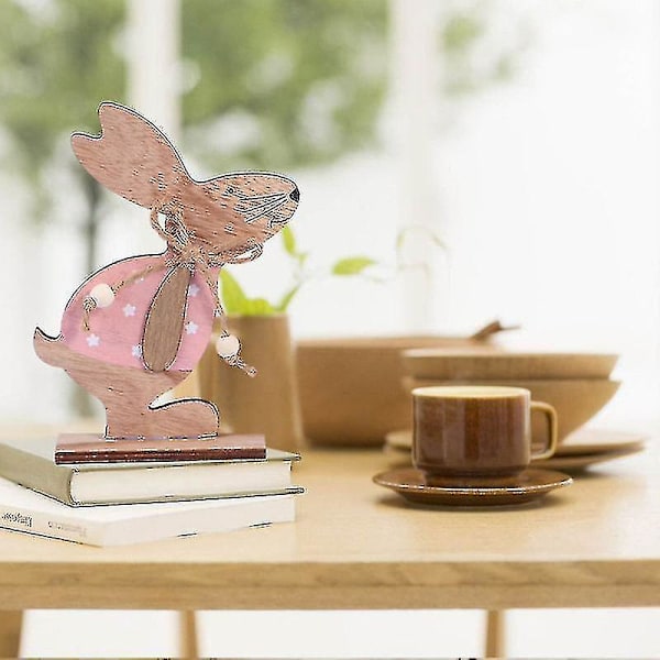 Påskehare Kanin Dyr Træ Håndværk Skrivebords Ornament Dekorativ Bræt Dekoration Hjem Dekoration DIY Gave (Pink Kanin)