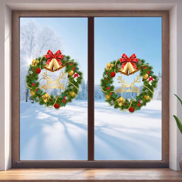 1 pc Christmas Window Decorations Christmas Wreath Window Decals Christmas Tree Elk Bow Design Removable Double-Sided Glass Decorations for Glass Windows Winter