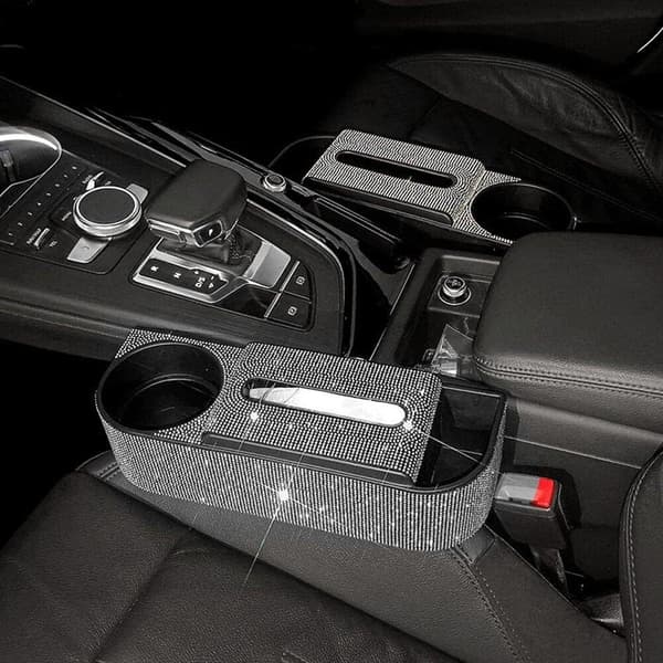 Bling bilsæde side-drop organizer, multifunktionel bil-sprække organizer med kopholder, universelt biltilbehør -