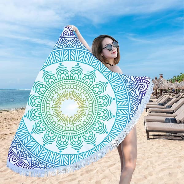 Rundt Mandala Strandhåndklæde, Mikrofiber Strandhåndklæde, Let Strandtæppe