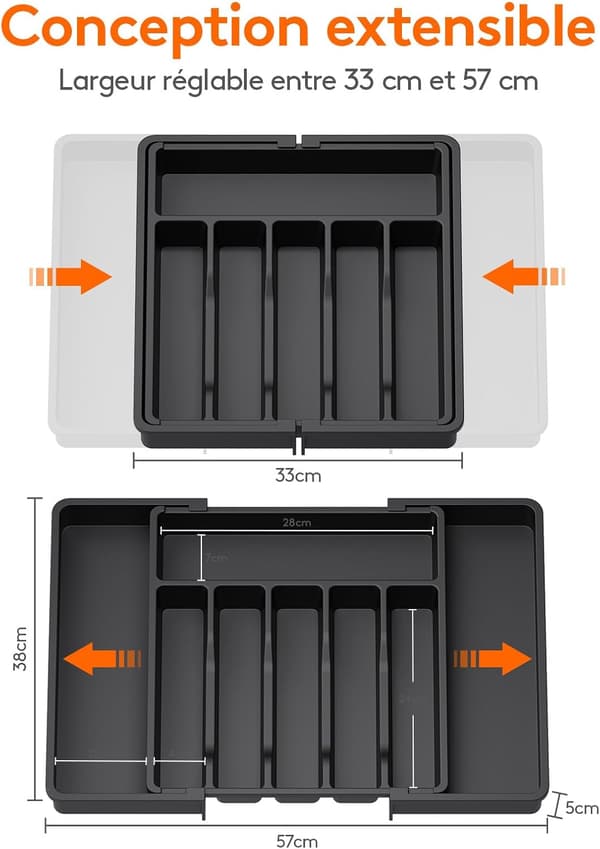 Cutlery Tray, Expandable Cutlery Insert for Drawer, Adjustable Drawer Organizer for Kitchen