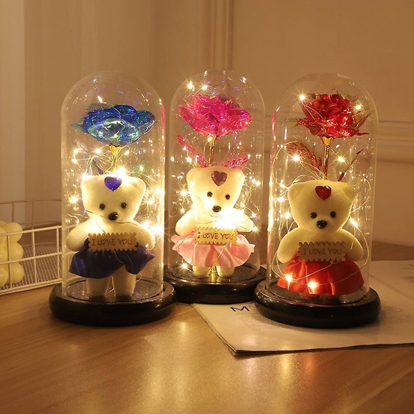 Glass Lampshade Rose Immortality Simulation Qixi Valentine's Day Gift Birthday Exquisite Bear Rose Bouquet Gift Boxblue