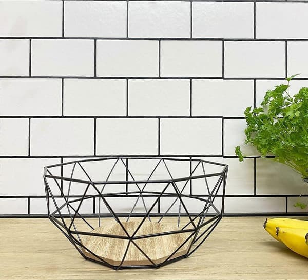 Black Geometric Metal Wire Wood Base Decorative Storage/Display Basket Fruit Bowl