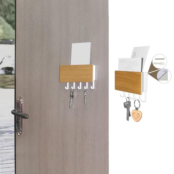 1 pc, White Bamboo Plate - Wall Key Hook, Letter and Key Holder, Organizer, Wall Mounted, with 5 Key Hooks, for Home and Office.