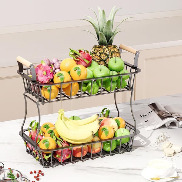 Two-tier fruit basket, fruit basket for the kitchen, metal fruit basket, black wooden handle